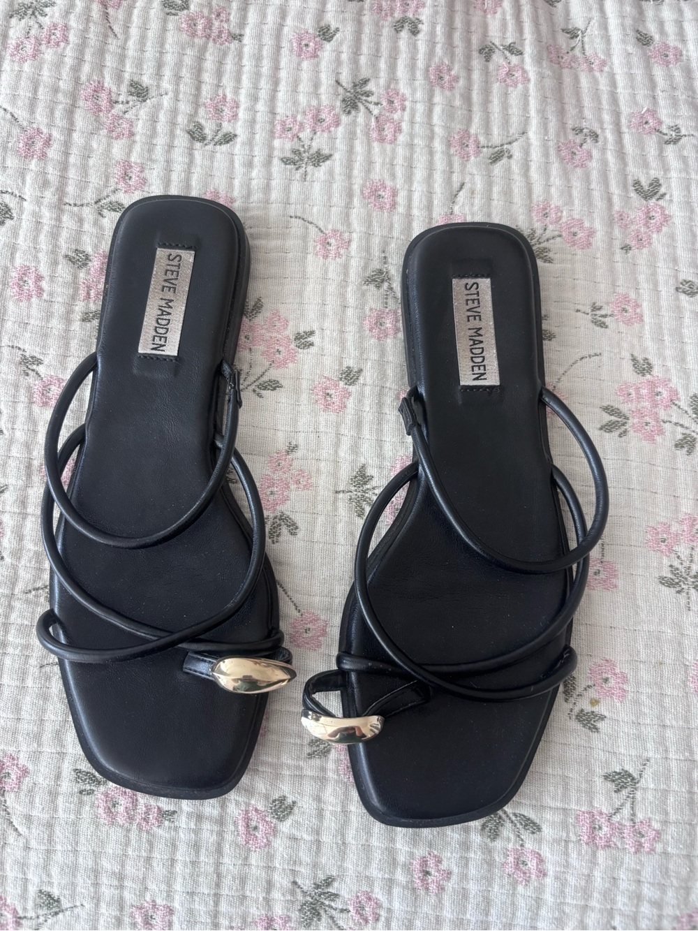 Steve Madden Black Strappy Slide Sandals with Gold Accent Hardware